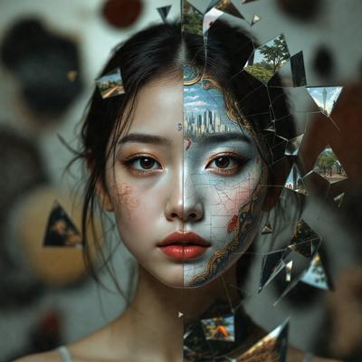 The primary subject of the image is a woman with a painted face, which appears to be a mix of a human and a painting. She is wearing makeup and has a unique appearance. The setting is a room with a mirror, which reflects the woman's face and adds depth to the image. The visual style is a combination of photography and digital art, creating a surreal and artistic atmosphere. The colors and mood of the image are predominantly dark, with the woman's face and the painted elements being